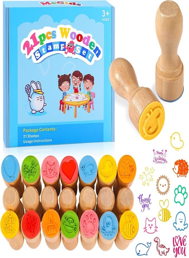 MeCids Stamps for Kids, 21Pcs Wooden Stamp Set - Animal Stamps Star Rainbow Cute Pattern Stamp for Kids Birthday Gift Party Favor Carnival Prizes, Kid Art Projects - Image 1